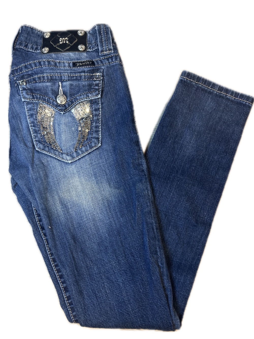 Miss Me Sequined Angel Wings Pocket - Dark Blue Women's Jeans